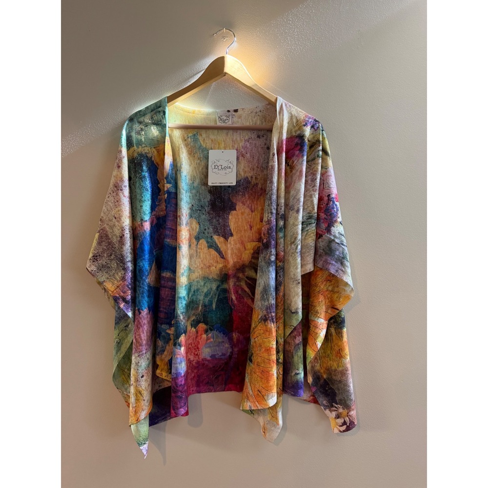 Et'Lois Sheila  Multicolor Floral Art to Wear Kimono Wrap One Size NWT